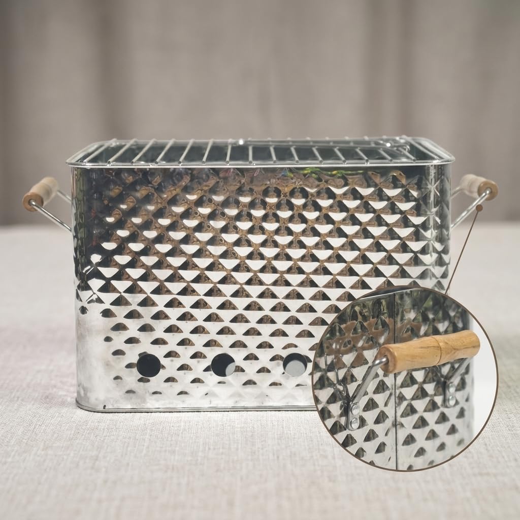 e Charbon Portable, Acier Inoxydable & Bois, pour Camping & Pique-nique, Extérieur