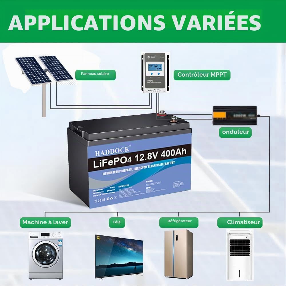 Batterie à Longue Durée, 12V 400Ah Batterie Lifepo4, 5000 Cycles Profonds au Lithium-Fer-Phosphate, Convient pour les Systèmes de Stockage d'Énergie, Installations Photovoltaïques, Camping en Plein
