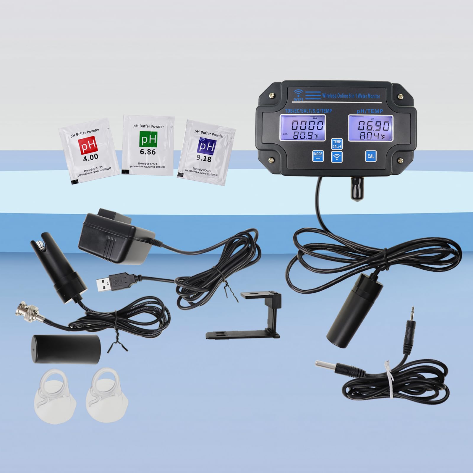 Monitor EC pH per Idroponica, Tester della Qualità dell’Acqua 6-in-1 con Wi-Fi, Misuratore di pH, Monitoraggio Continuo di pH, PPM, EC, CF, Umidità e Temp per Sistemi di Coltivazione Indoor DWC