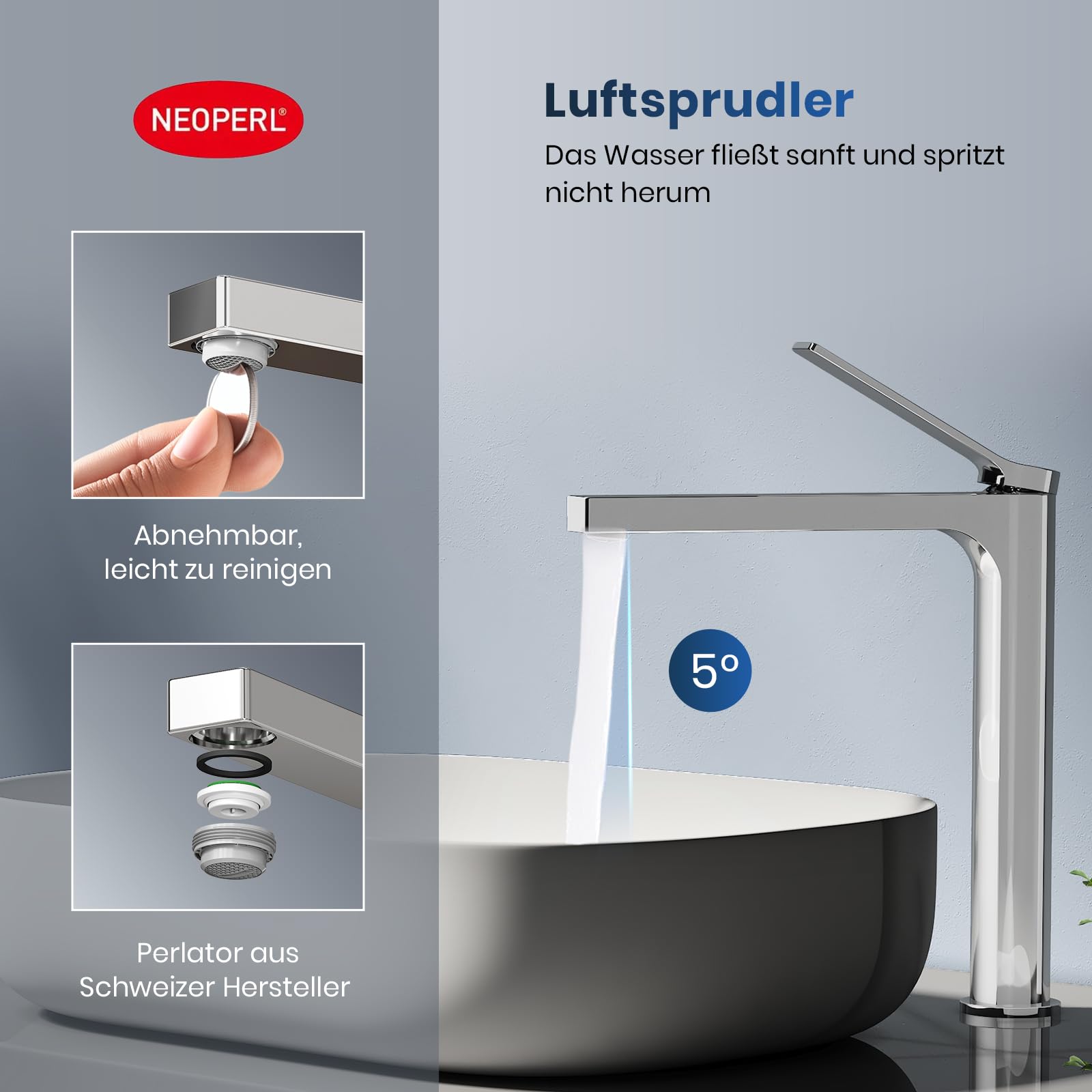 EMKE Grifo de baño cromado de 335 x 233 x 46 mm, latón, cartucho de cerámica, grifo de baño, grifo mezclador de lavabo de fácil instalación, grifo con aireador, grifo de lavabo