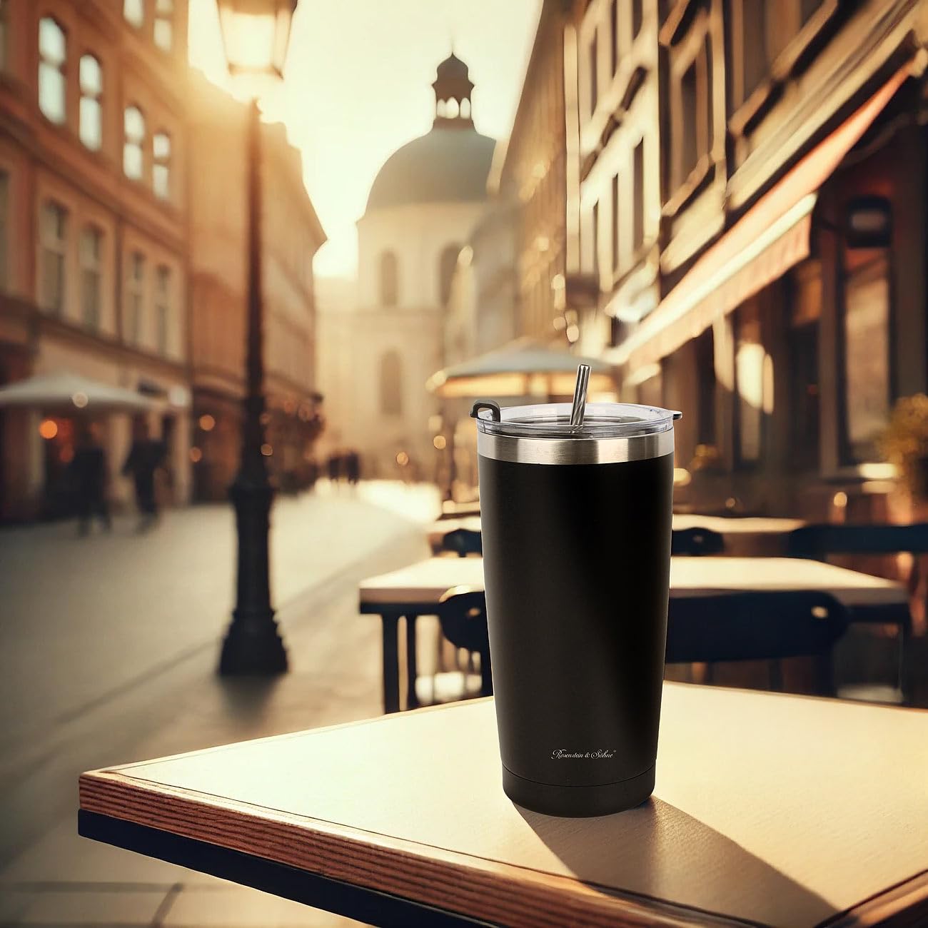 Rosenstein & Söhne Kaffee Tasse: 4er-Set doppelwandige Isolierbecher, schwarz, 600 ml, Edelstahl (Edelstahl Thermobecher, Isolierbecher für Tee, EIS)
