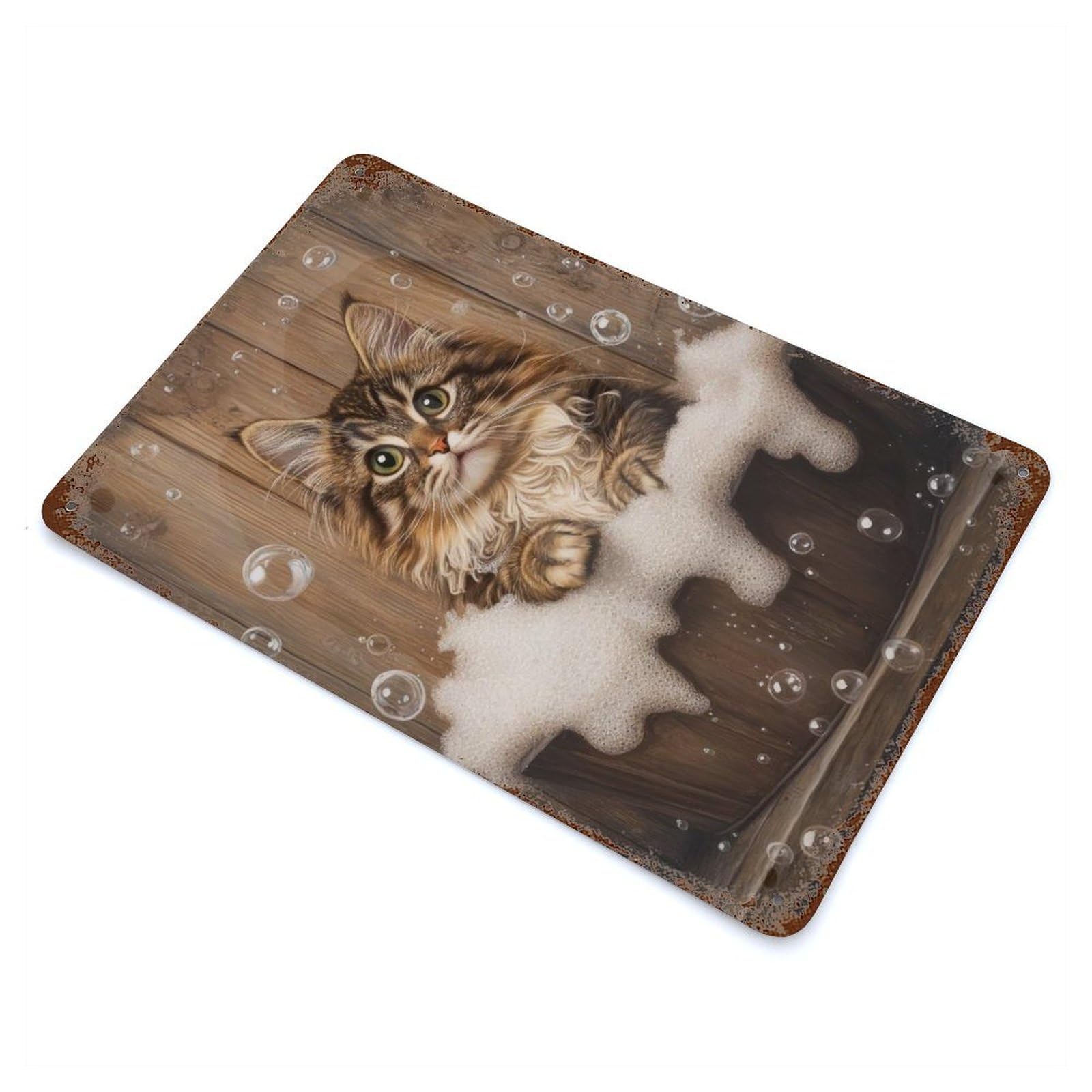 Maine Coon Bubble Bath Aged Metal Wall Plaque 11.8"x7.9", Decorative Metal Wall Art for Garage, Pub Or Kitchen
