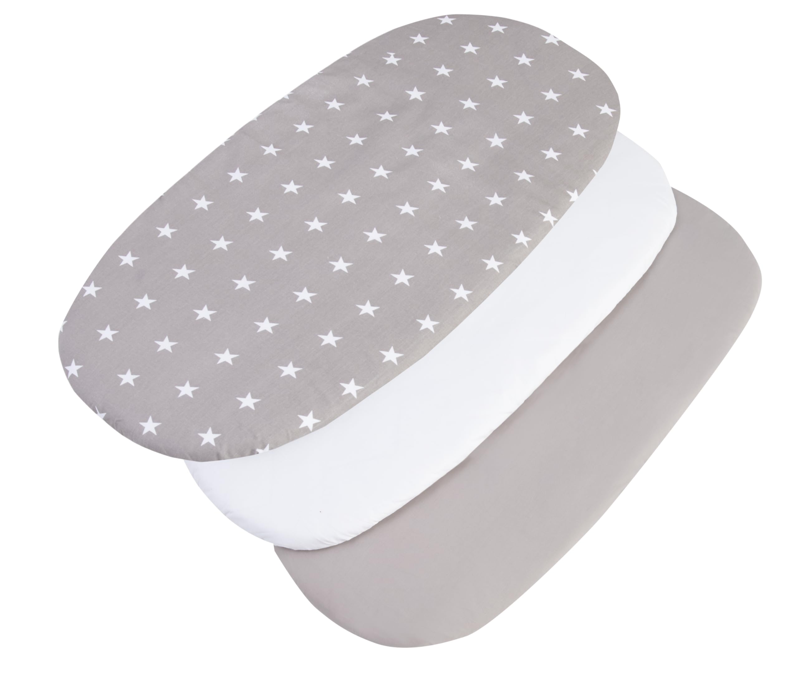 Medi Partners Set of 3 pcs. Fitted Sheet Pram 86 x 40 cm 100% Cotton Mattress Protector Baby, Stars-white-grey, Three pack