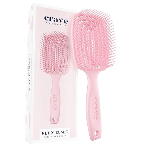 Crave Naturals FLEX DMC Cepillo desenredante para cabello grueso y rizado, cepillo desenredante flexible, paleta cuadrada, color rosa