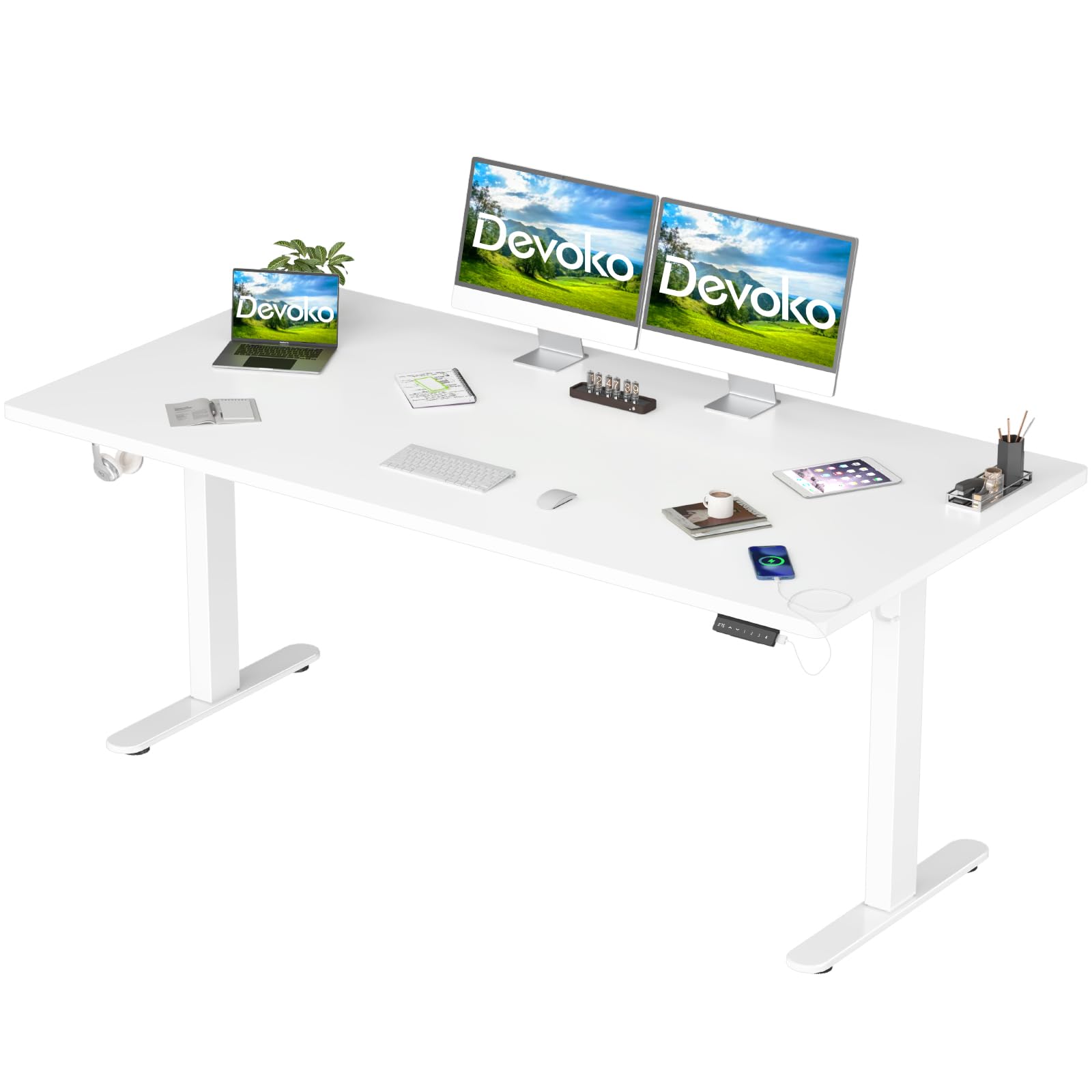 Devoko 160 x 80 cm Escritorio Eléctrico de Pie, Escritorio Ajustable en Altura con Mesa de Una Pieza, Altura Ajustable 73-119 cm,4 Alturas de Memoria,Escritorio de Oficina（Blanco）