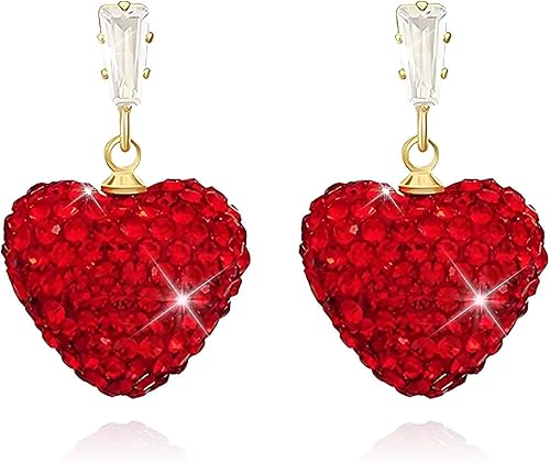 Aretes de corazón rojo, regalos para el día de San Valentín para ella, aretes de corazón de amor con diamantes de imitación, aretes colgantes de San