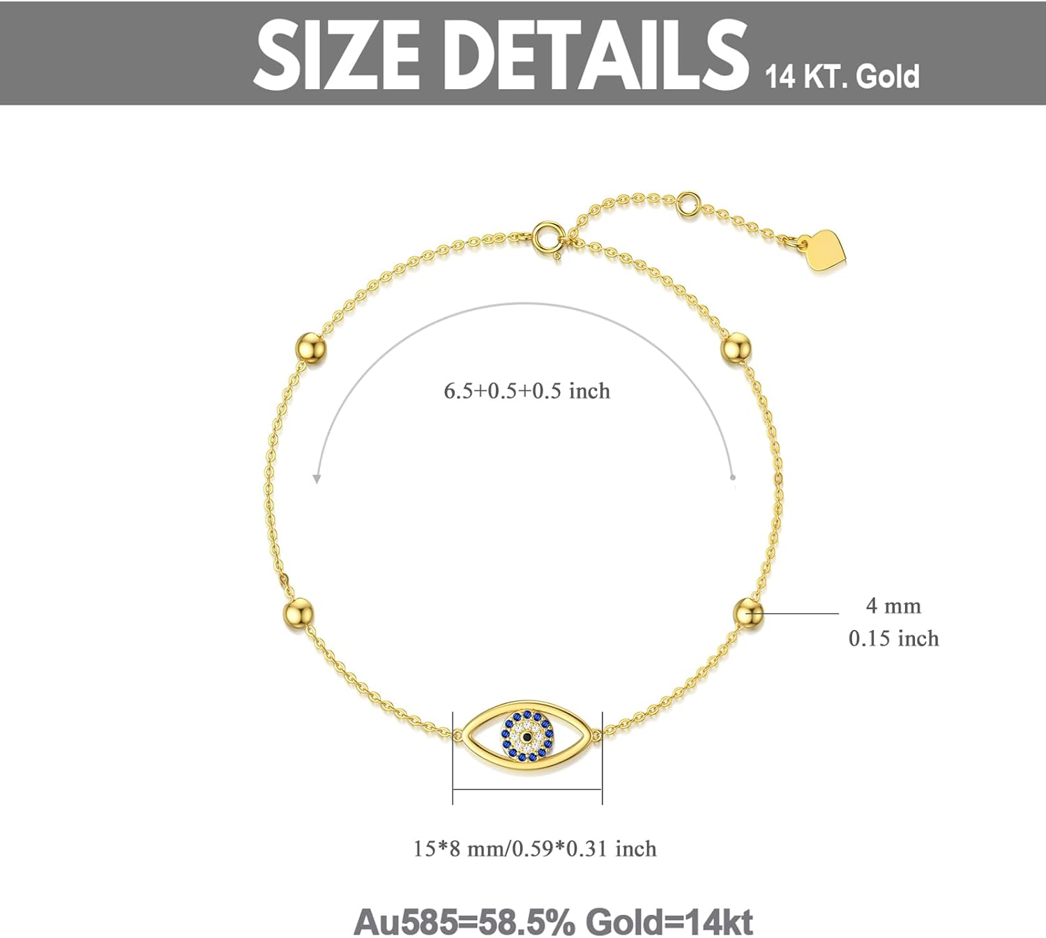 Blocaci 14K Real Gold Evil Eye Bracelet for Women, Adjustable 6.5+1+1 Inch Gifts for Women Women's Jewelry