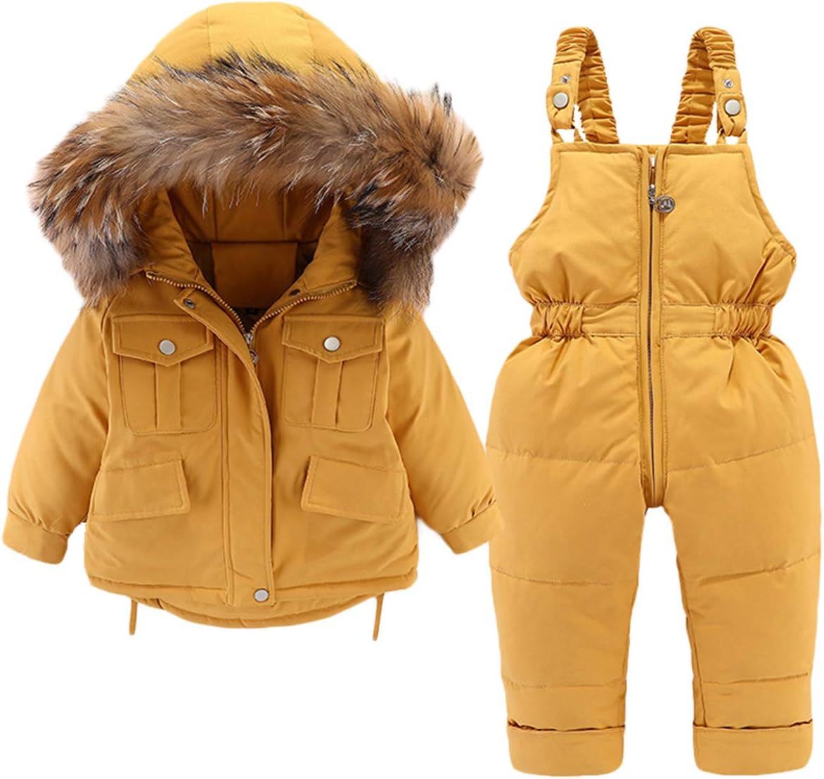 Baby Boys Girls Kids Hooded Artificial Fur Down Jacket Coat and Ski Bib Pants Snowsuit Winter Outfit Sets