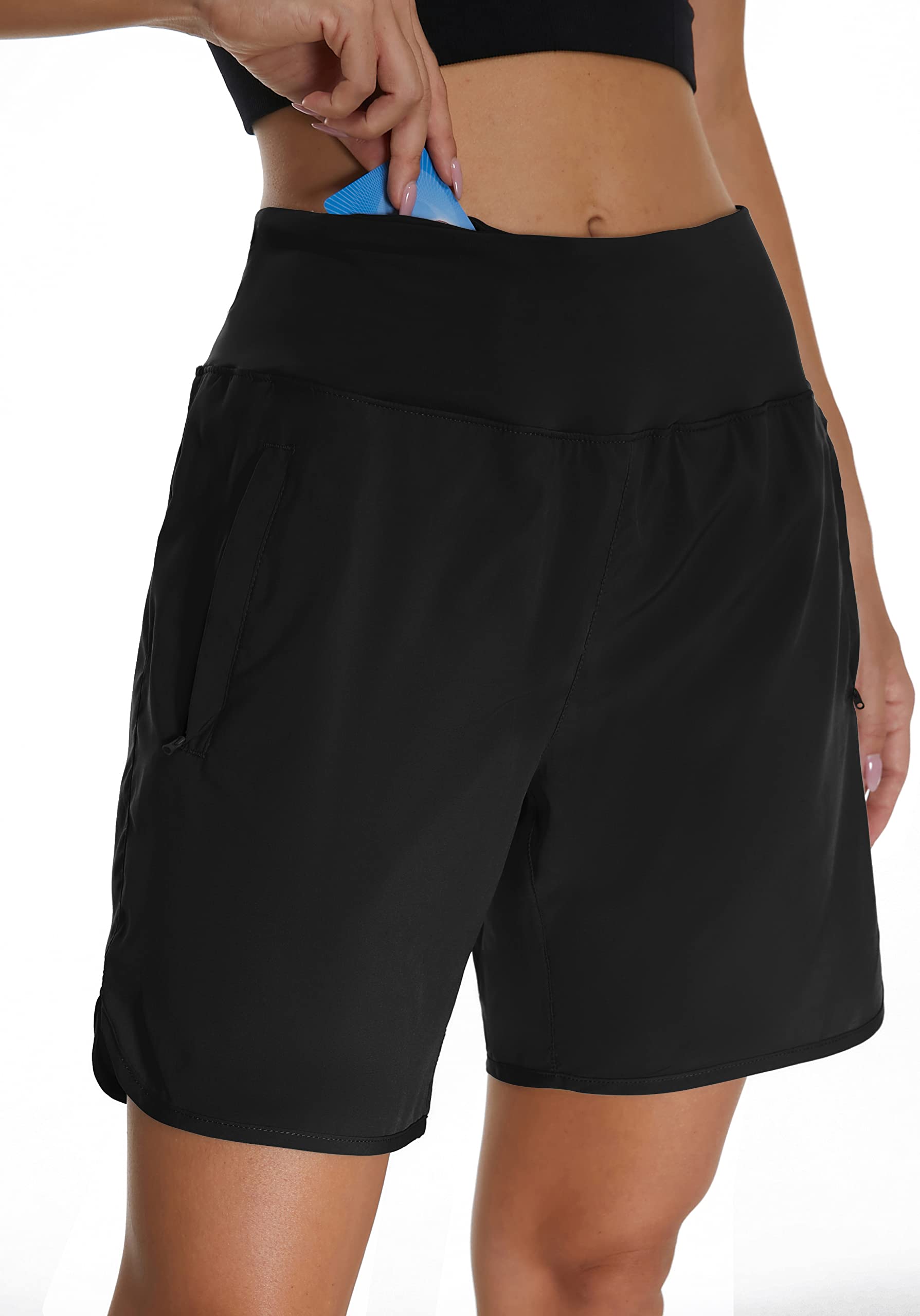 Mesing Pantaloncini Sportivi Running Donna a Vita Alta Pantaloni Corti Palestra Corsa Allenamento Traspirante Sport Shorts con Slip Interni e Tasche Posteriori con Cerniera