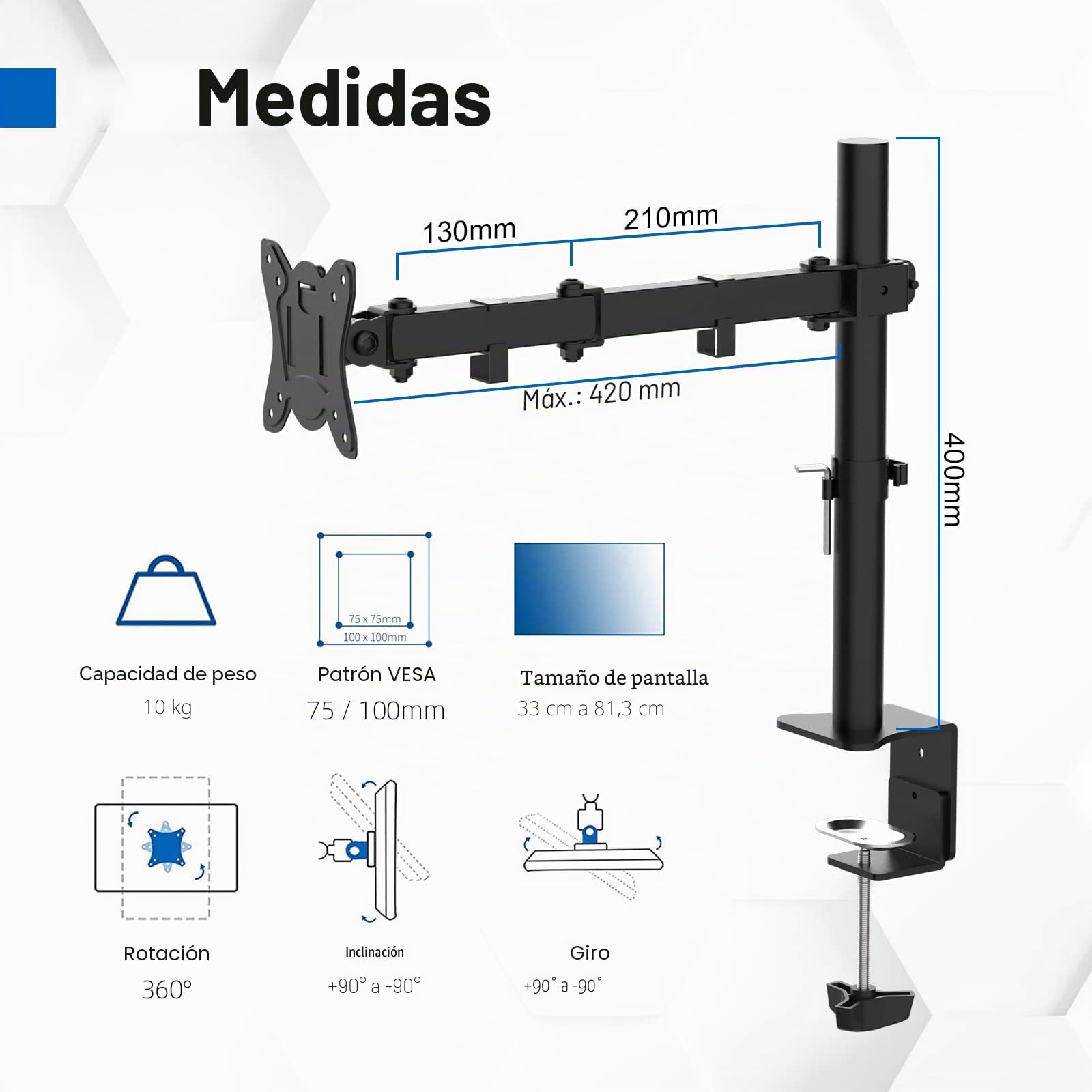 GRIFEMA, GB2001-1 Soporte de Monitor Simple Brazo para Pantalla de Computadora de 13-32 pulgadas, Altura Ajustable, VESA 75x75/100x100, Acero, Negro