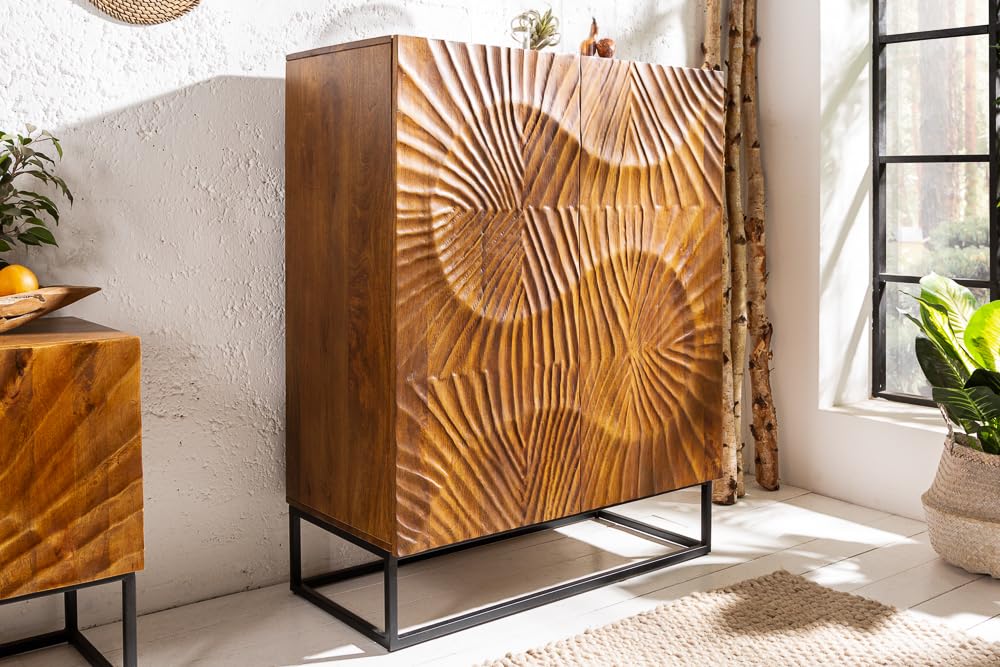 invicta INTERIOR Massives Highboard Scorpion 120cm braun Mangoholz aufwendige 3D Schnitzereien Hochschrank Schrank