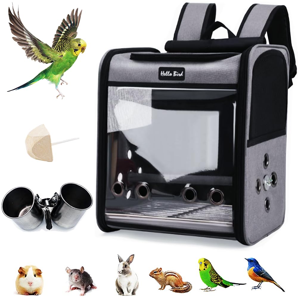 Zaino per gabbia per uccelli con asta in piedi, grande gabbia da viaggio per animali domestici con bicchieri in acciaio inox, 1 vassoio di plastica, 1 molare, pieghevole, per uccelli, pappagalli