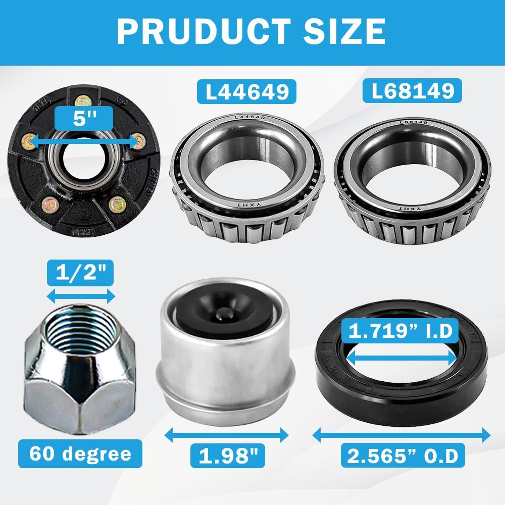 Trailer Idler Hub Kits with 5 on 5" Bolt Idler Hub & Round #84 Trailer Axle Spindle Fit for 3500 lb, Sets of 2