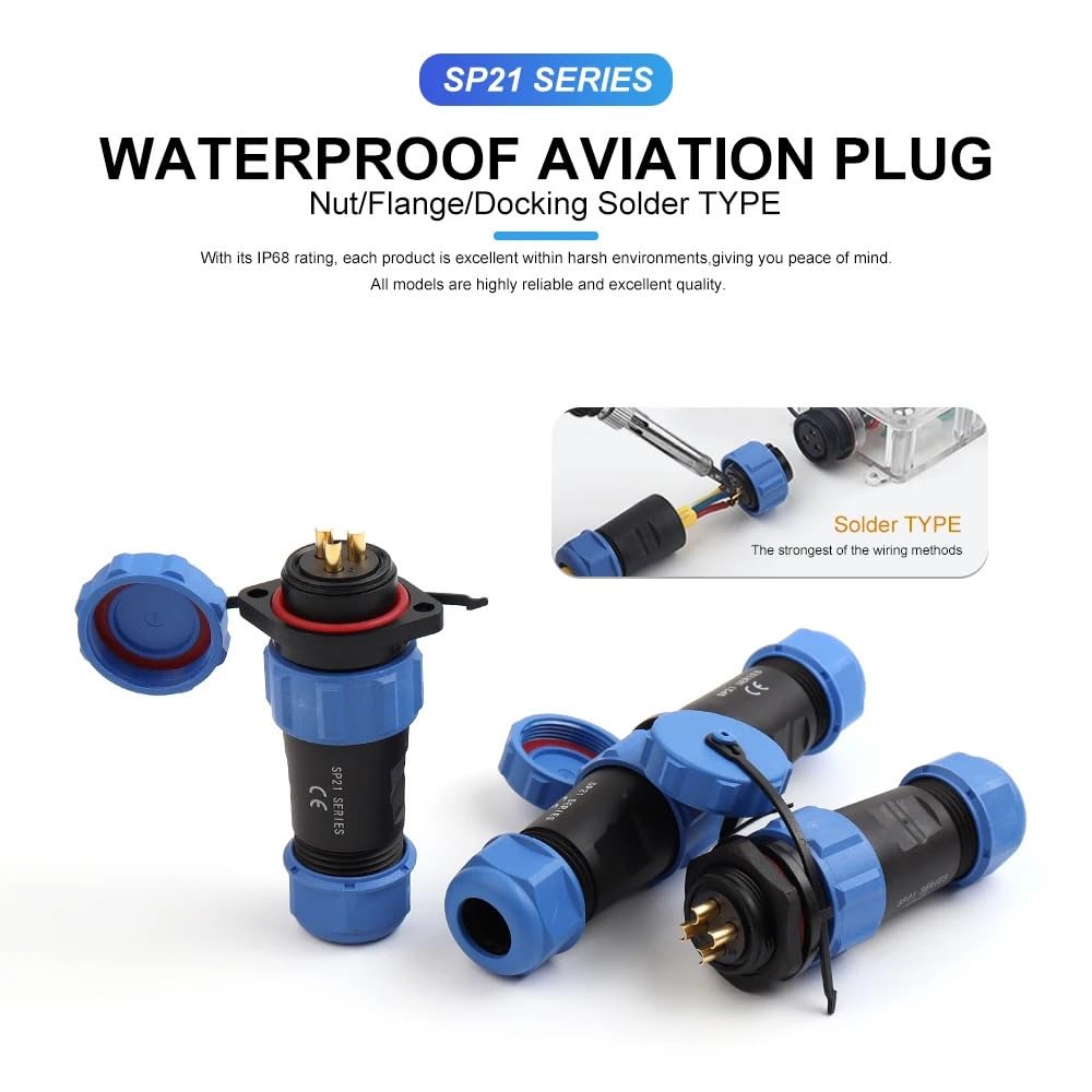 SP21 Nut/Docking Waterproof Connectors 2/3/4/5/7/9/12 Pins Panel Cable Wire IP68 Male/Female Socket(SP21 Docking,1 Set_3P)