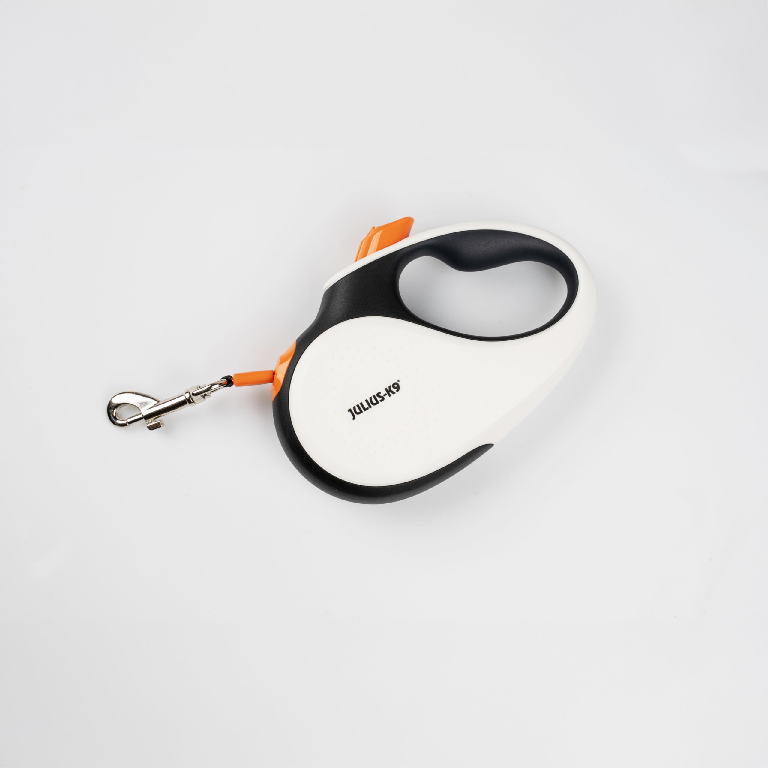 Julius-K9 Retractable Dog Lead, S - 5 m Tape, White/Orange – anti-slip handle, ribbon leash, extandable, one handed brake, pause, lock, reflective ribbon, tangle free, heavy duty