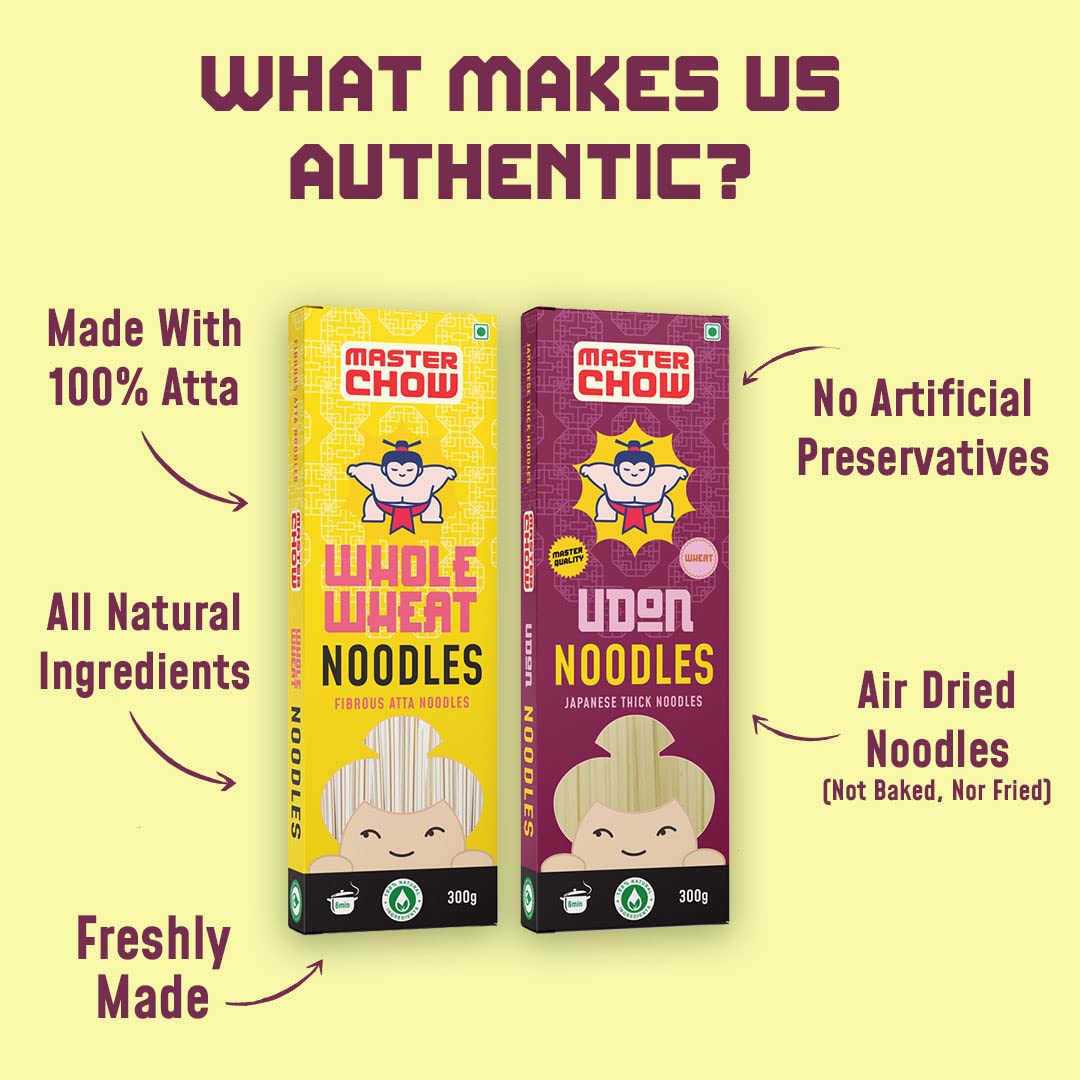 MasterChow Healthy Atta Noodle Pack of 2 - Made with 100% Organic Atta | No Maida, Not Fried | No Artificial Preservatives or MSG |100% Natural | Pack of 2 - Udon & Wholewheat Noodles - 300g Each - Image 6 thumbnail