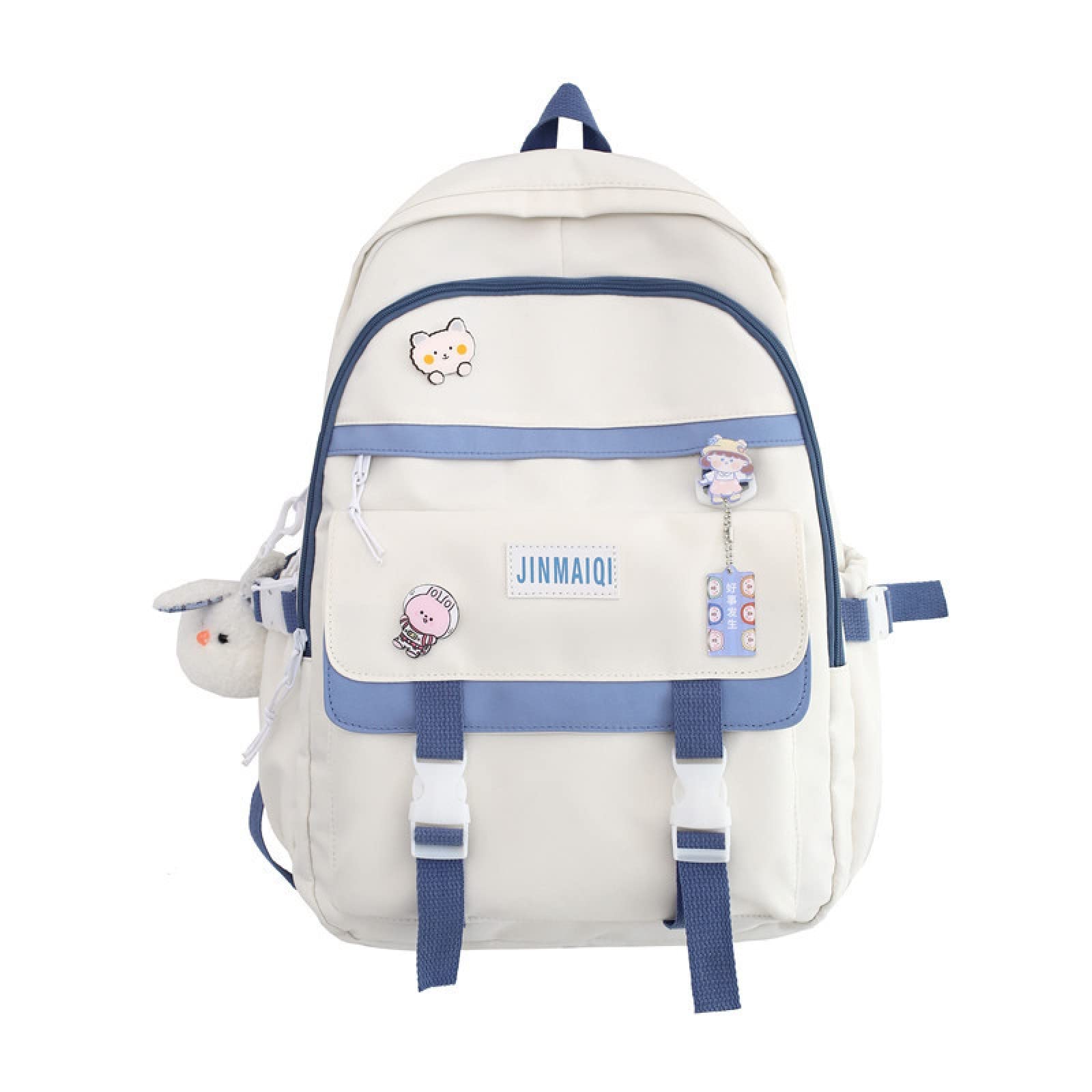 MEOKIM Kawaii Backpack with Cute Pin Accessories Plush Pendant Student Bag Large Capacity Waterproof Travel Backpack(White)