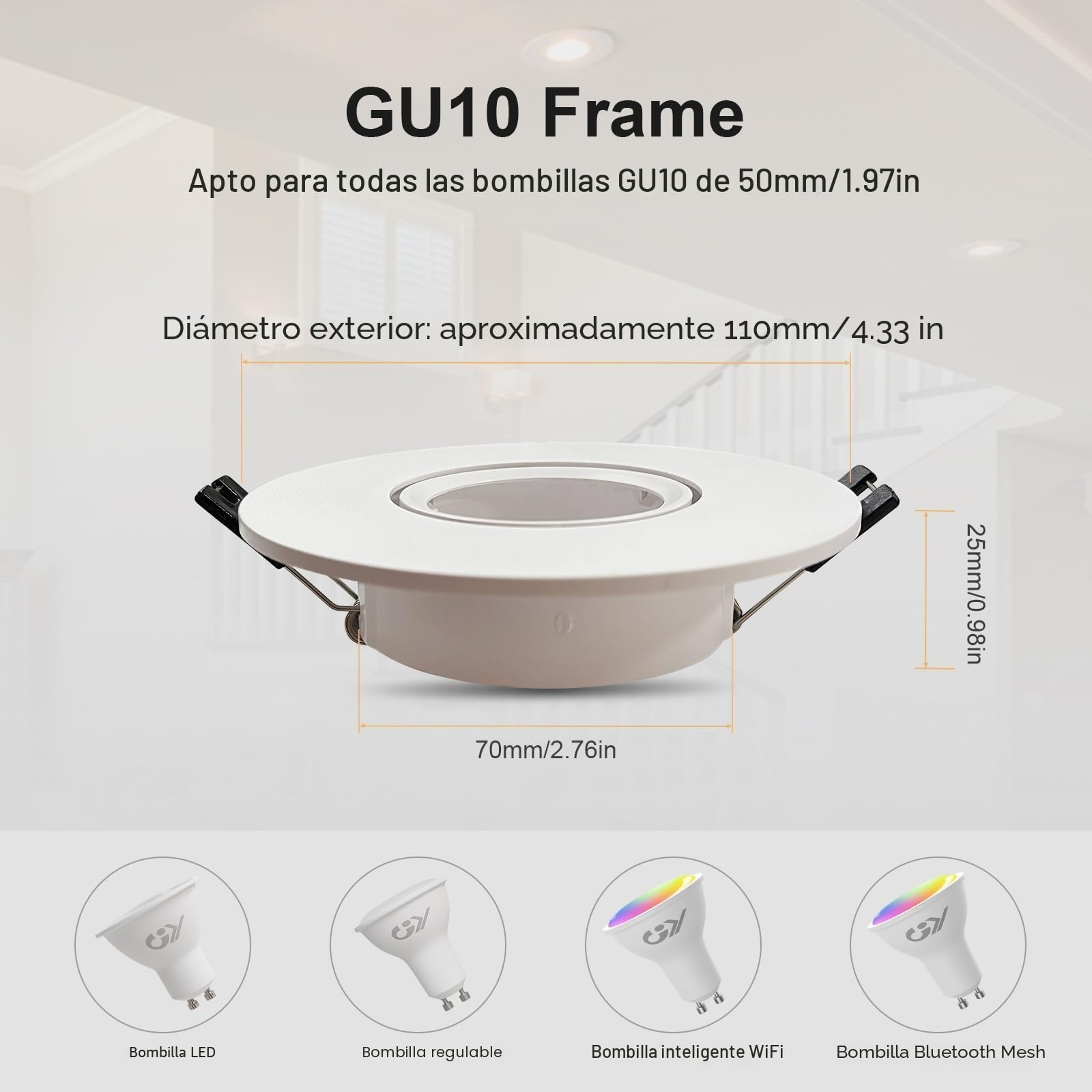 GY Marco Foco Empotrable GU10 de Plástico, Ángulo Basculación 30°, Apertura Ø75 x 100 mm, Aro Soporte con Portalamparas GU10 para MR16 LED, Ojos de Buey LED Downlight para Falso Techo, 12 Pieza