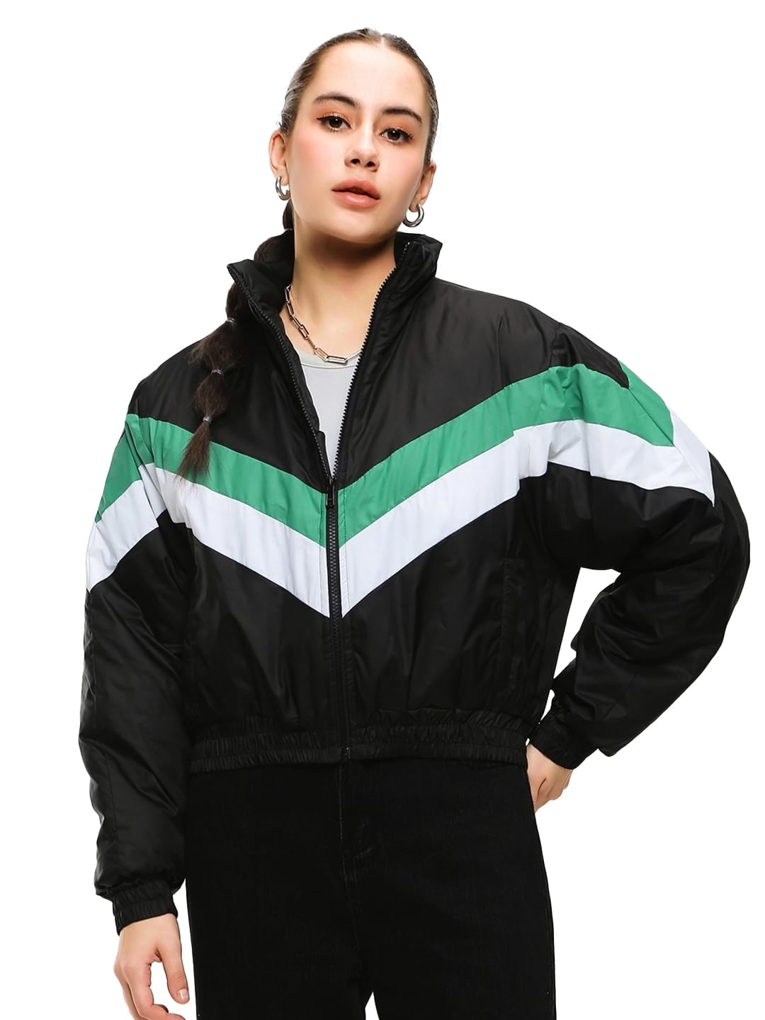 bewakoof Women's Standard Length Standard Length Color Block Oversized Fit Full Sleeve Stand Collar Nylon Bomber Jacket-picture-10