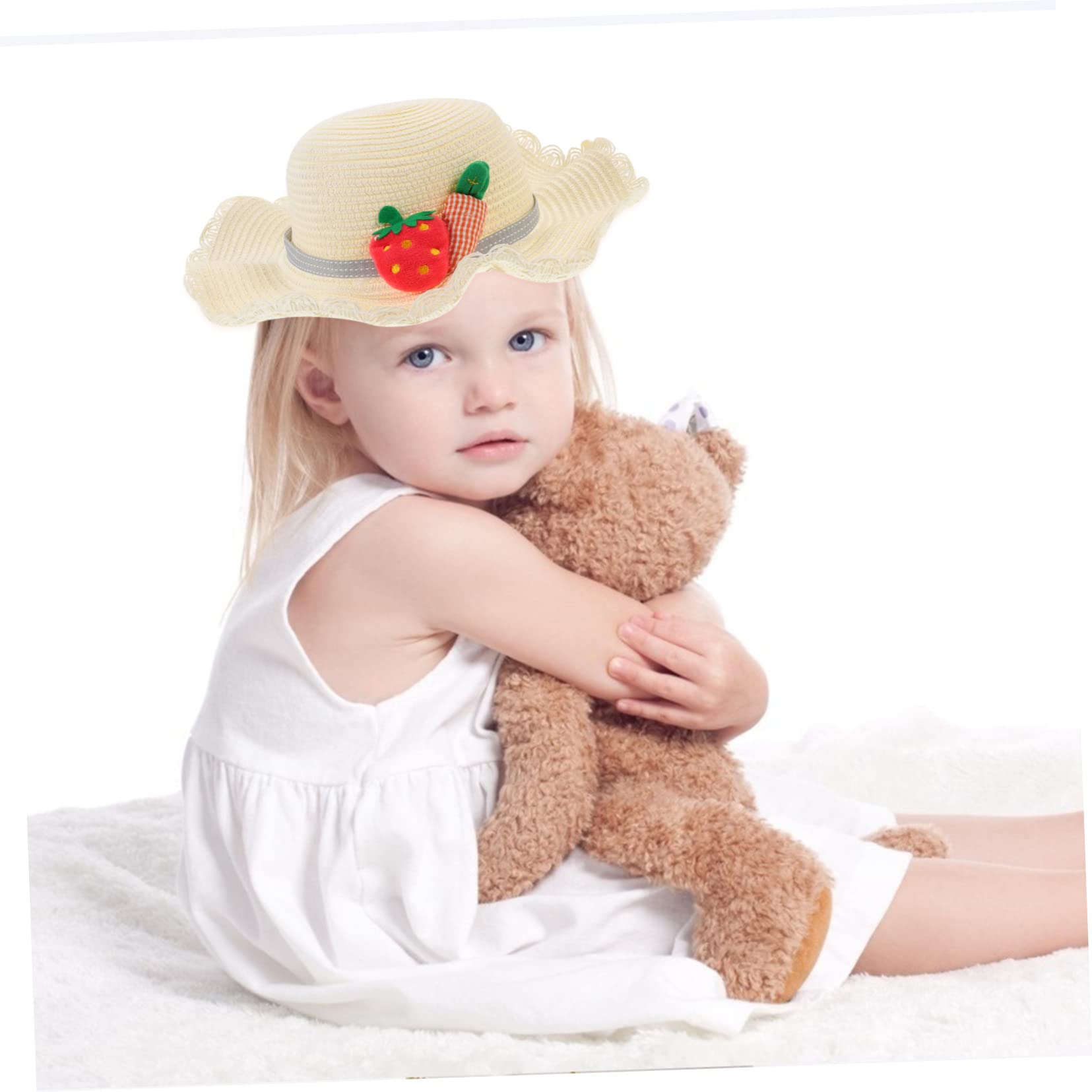 Sombrero de Paja para Niños 1 Set, Paja Beige, Estilo Lovely | Bolsa de Paja para Niños, Decoraciones de Zanahoria y Fresa, Celebracion Verano, para Viajar y Trabajar