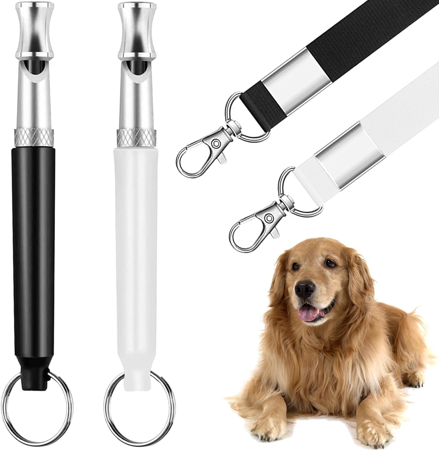 Dog Whistle，2 Pcs Dog Ttraining Whistles，Professional Recall Dog Training Whistles，Dog Whistle to Stop Barking Neighbors Dog，Adjustable Silent Dog Whistle，Black and White，with Lanyard