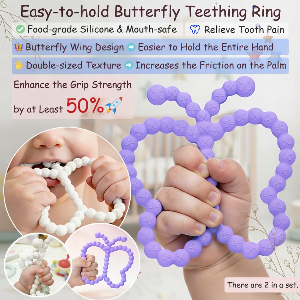 2 Pcs Baby Teething Toys Silicone Butterfly Teething Rings Over 3 Months - Baby Essentials Sensory Chew Toys -Baby Teether for Teething Relief -BPA Free Infant Toys Baby Shower Gifts (2, White,Purple)