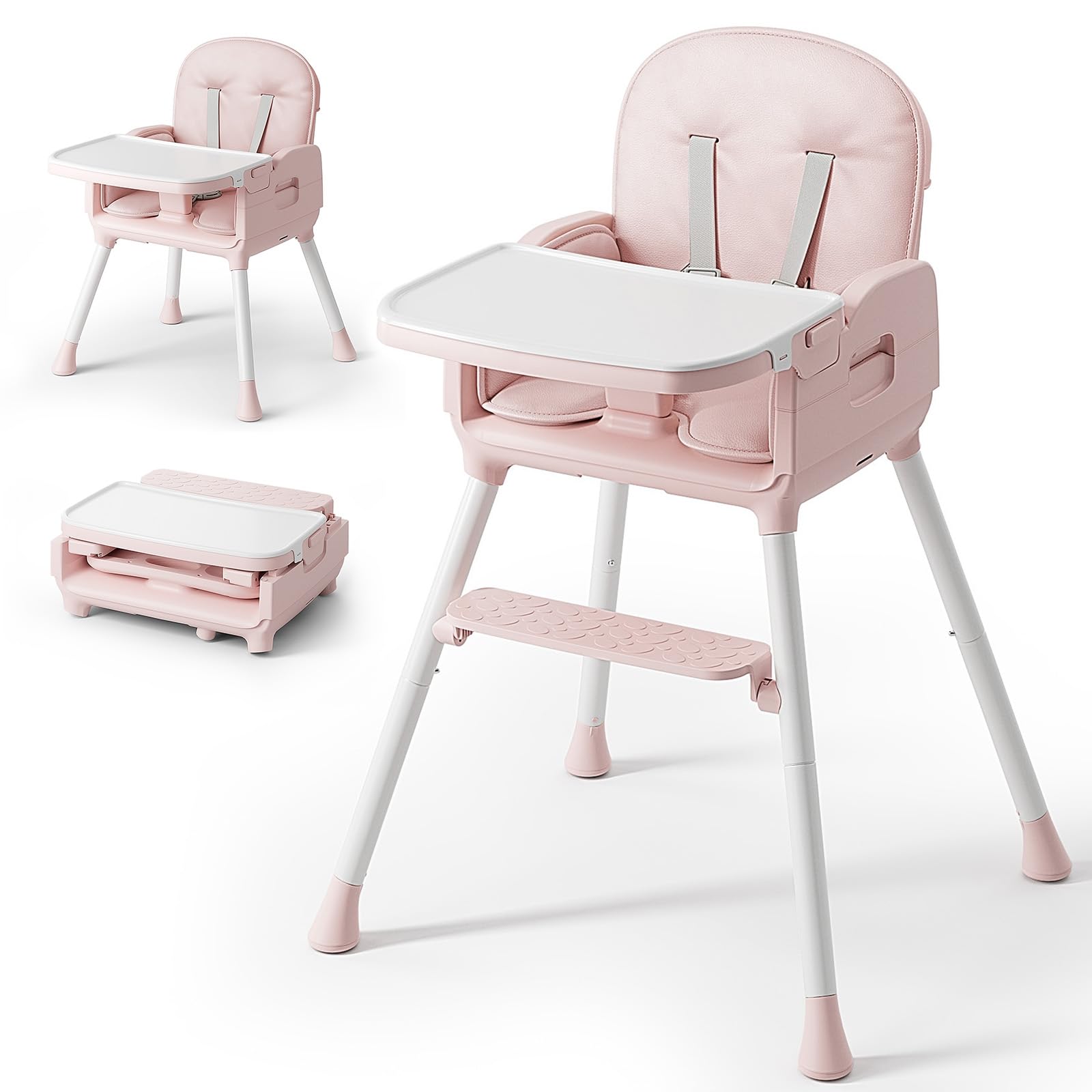Photo 1 of Obee Odee 3-in-1 Portable Baby High Chair for Babies and Toddlers, Convertible Easy Clean Infant Foldable Highchair with Adjustable Legs & Dishwasher Safe Tray, Pink