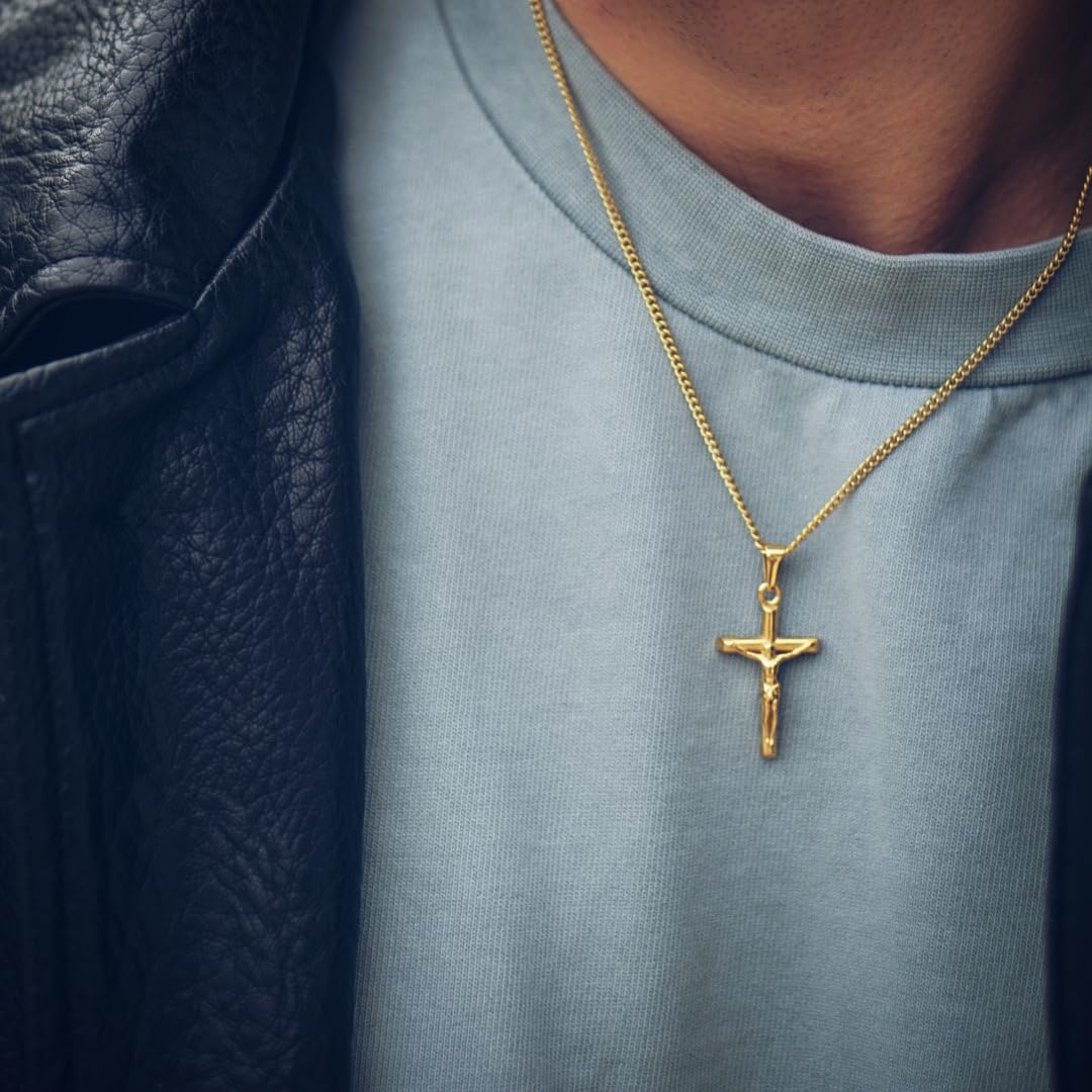 DVRK® Crocifisso Collana Uomo Oro 18k o Argento su Base di Acciaio Inossidabile 316L - Collana Uomo Croce 55 cm Resistente all'Acqua - Rosario, Crucifix, Cross, Regalo