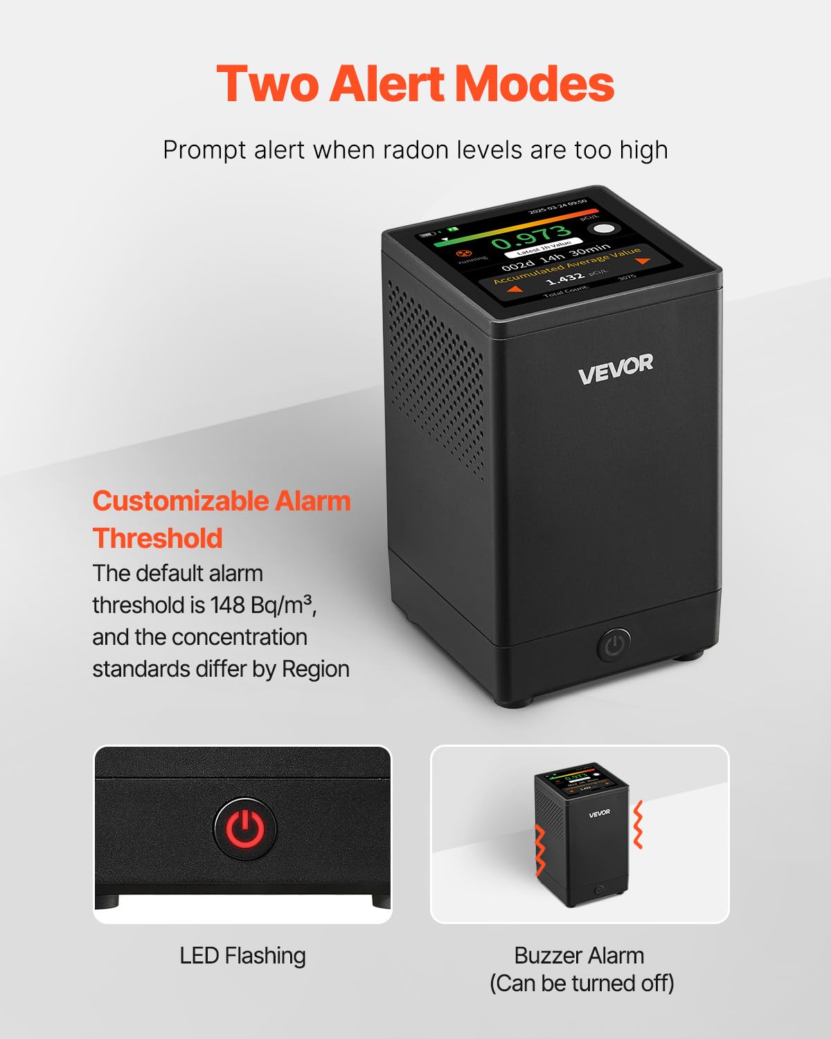 VEVOR Détecteur de Radon Domestique, 0,054-540 pCi/L, Écran LCD Couleur Affichage Temps Réel, Surveillance à Court et Long Terme, Prise en Charge de Plusieurs Périodes Détection, Alimenté par Batterie