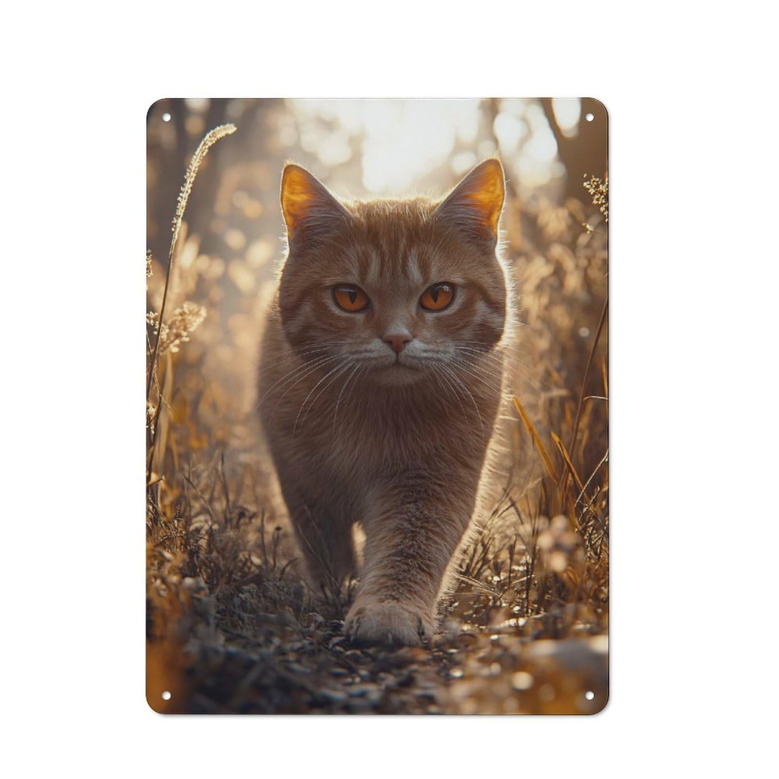 Junmoney Style-14 Loft Style Metal Wall Art Sign 40X30cm Featuring Orange Cat Walking Through Field, Urban Room Decor For Loft, Studio, Office Or Creative Room