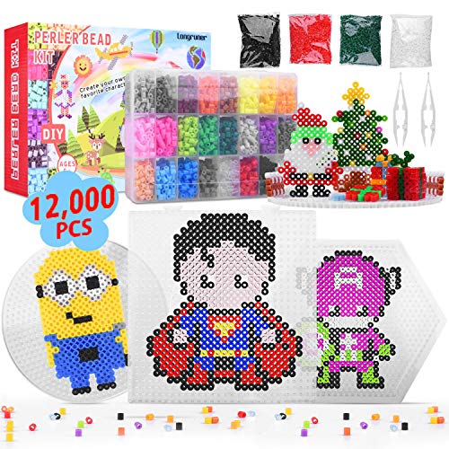 GTAKH Longruner 12000 24 Colors Fuse Beads Kit 5mm DIY Art Craft Kids with 3 Pegboards