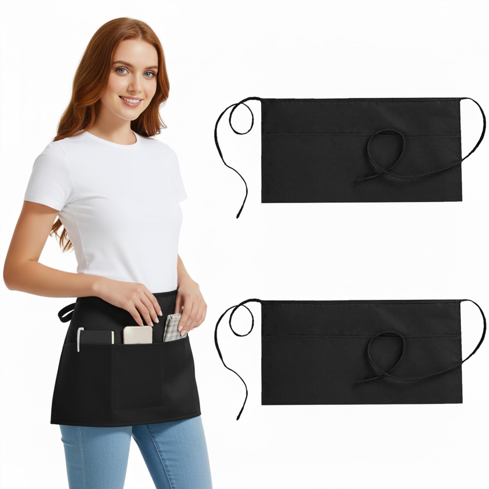 XWYDZ 2 Pcs Waitress Apron, Waist Apron, Black Server Aprons for Chef Restaurant Staff, 3 Pocket Adjustable Waistband Unisex Hospitality Workwear (Heavy Duty, Barista Essentials)