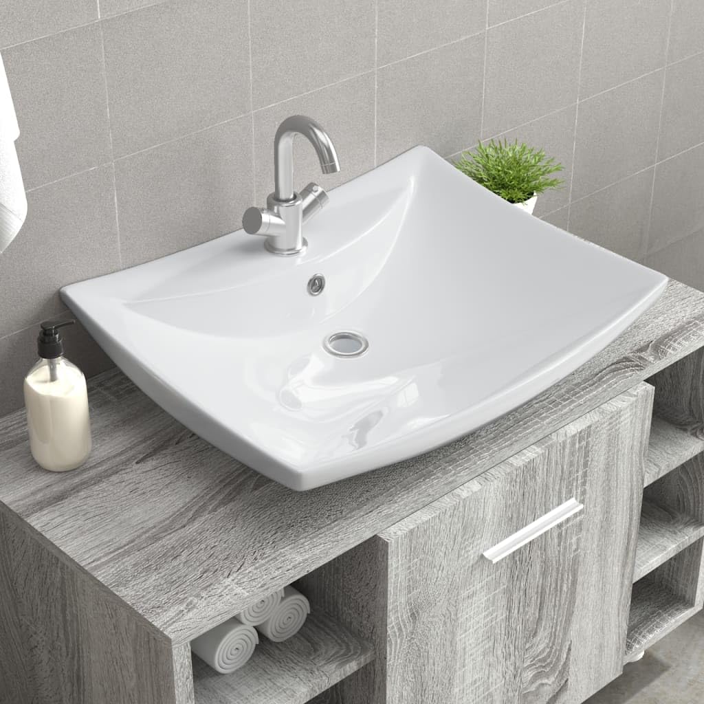 Fregadero de cerámica rectangular de lujo con rebosadero y orificio para grifo para baño: diseño elegante y