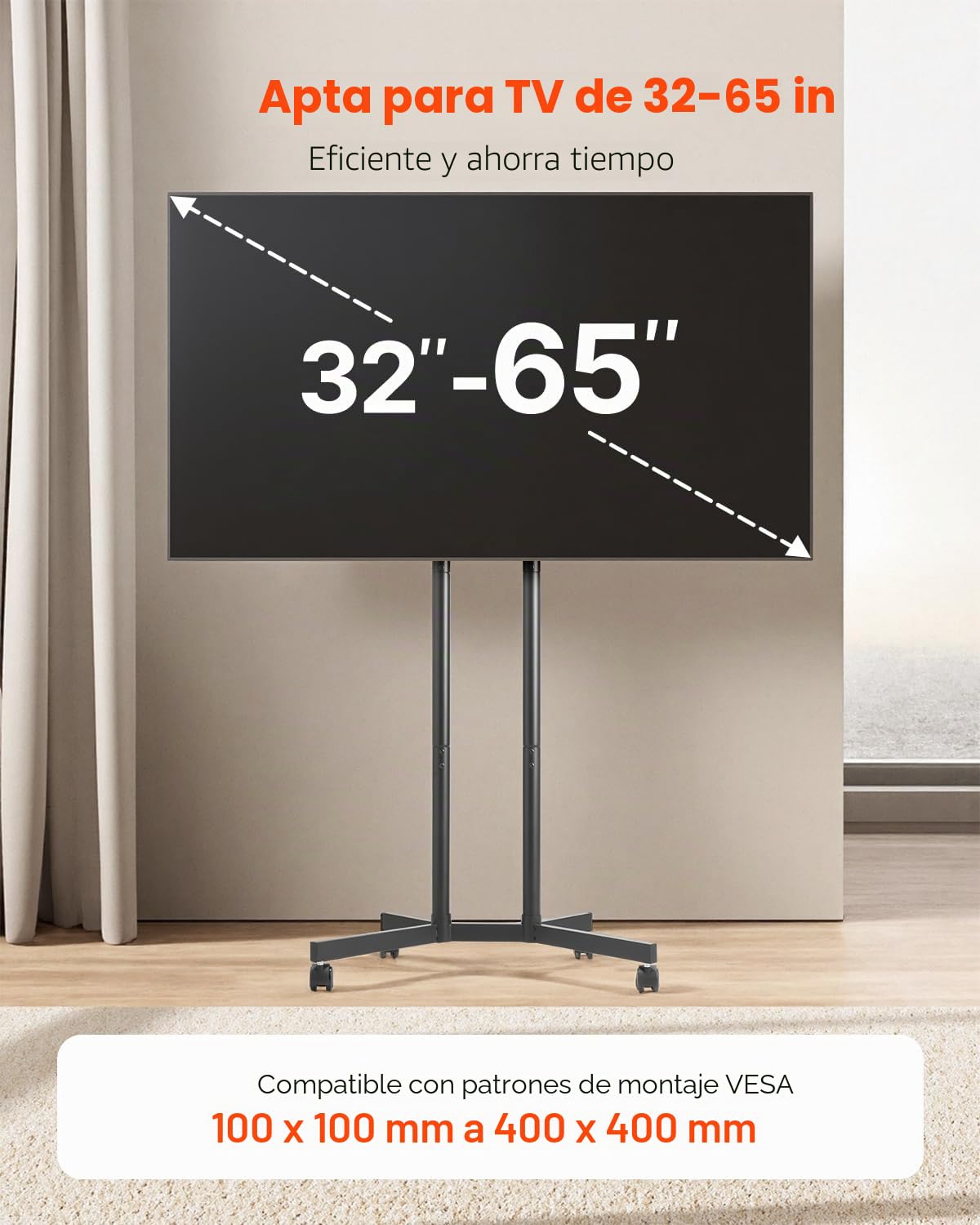VEVOR Soporte de TV Enrollable para Televisores Planos y Curvos de 812,8-1651 mm, Soporte de TV Portátil de Altura Ajustable Capacidad de Peso de 40 kg (máx. VESA 400 x 400 mm) para Sala de Estar