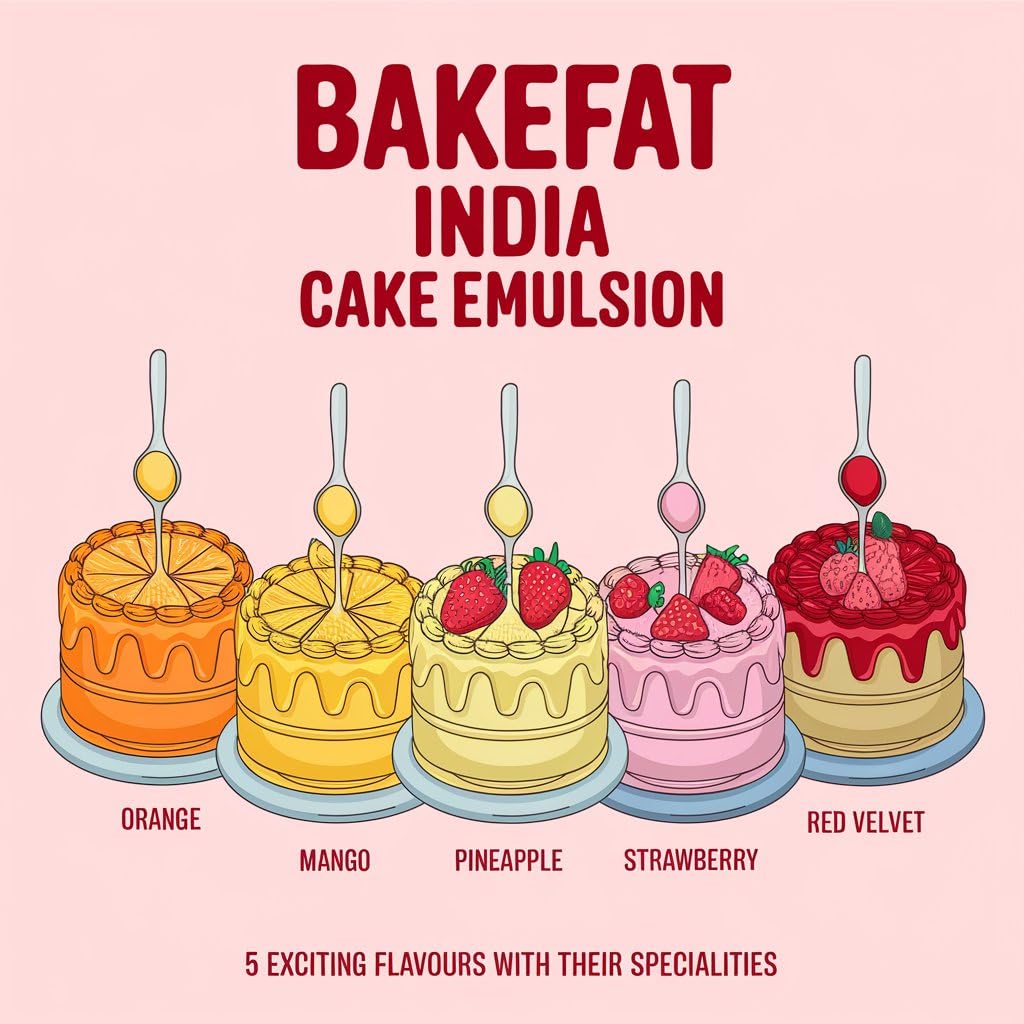 Bakefat India 5 Flavour Baking Emulsion Set (Mango, Pineapple, Orange, Strawberry, Red Velvet) (50ml) - Image 5 thumbnail