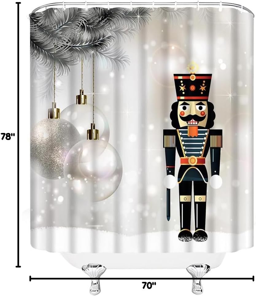 Christmas Extra Long Shower Curtain, Golden Gray Silver Xmas Ball Nutcracker Snowflake Twigs Fantasy Winter Holiday Festival Bathroom Home Curtain Decor with Hooks,70" Wx78 H