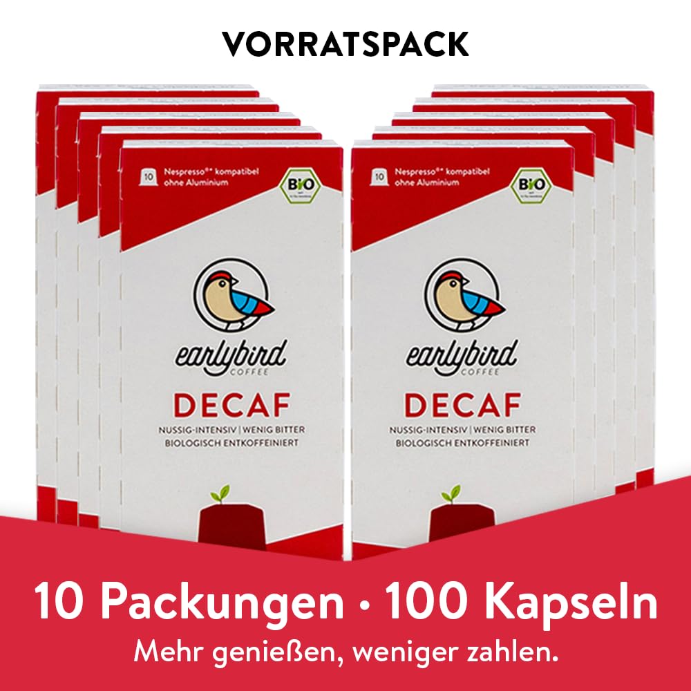 earlybird coffee – Bio Decaf Kaffeekapseln 100 Stück Vorratspack – kompatibel mit Nespresso, nussig-intensiv, heimkompostierbar – aluminiumfreie Bio Kapseln – schonend entkoffeiniert im H₂O-Verfahren