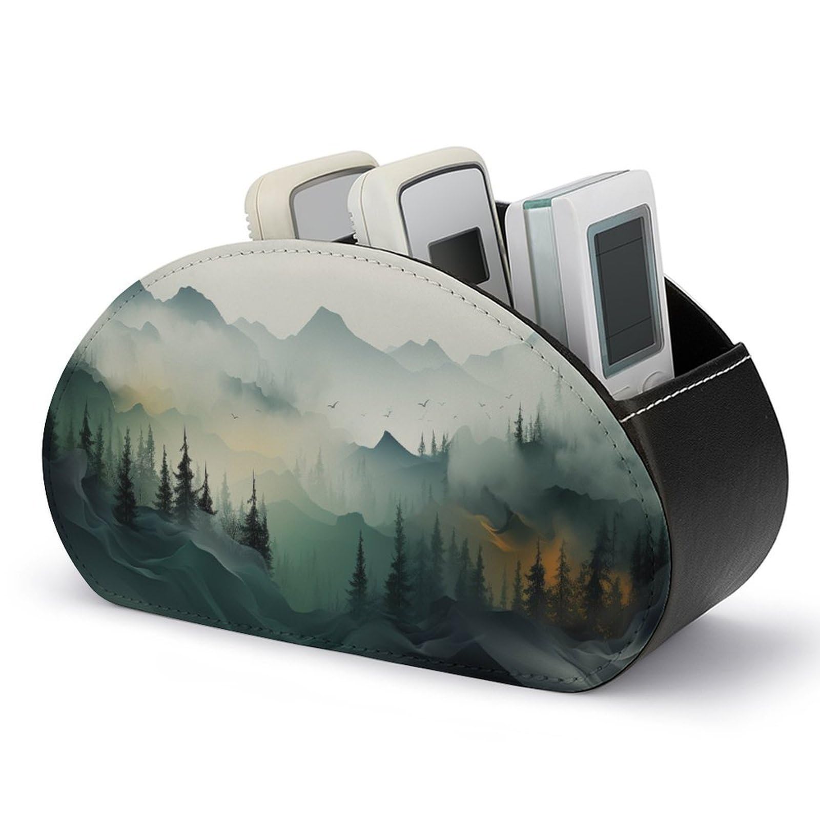 Jubonexis Abstract Minimalistic Forest Green Remotes Control Holder with 5 Compartments Leather TV Remote Caddy Storage Box Desktop Organizer