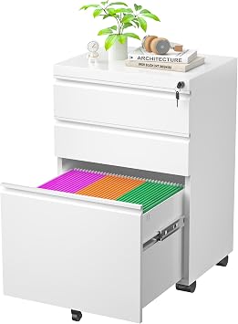 3 Drawer Mobile File Cabinet with Lock, Under Desk Metal Filing Cabinet for Letter/Legal/A4 Size, Fully Assembled Except Casters, Rolling Office Organizer for Home Office, White