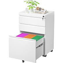 3 Drawer Mobile File Cabinet with Lock, Under Desk Metal Filing Cabinet for Letter/Legal/A4 Size, Fully Assembled Except Casters, Rolling Office Organizer for Home Office, White