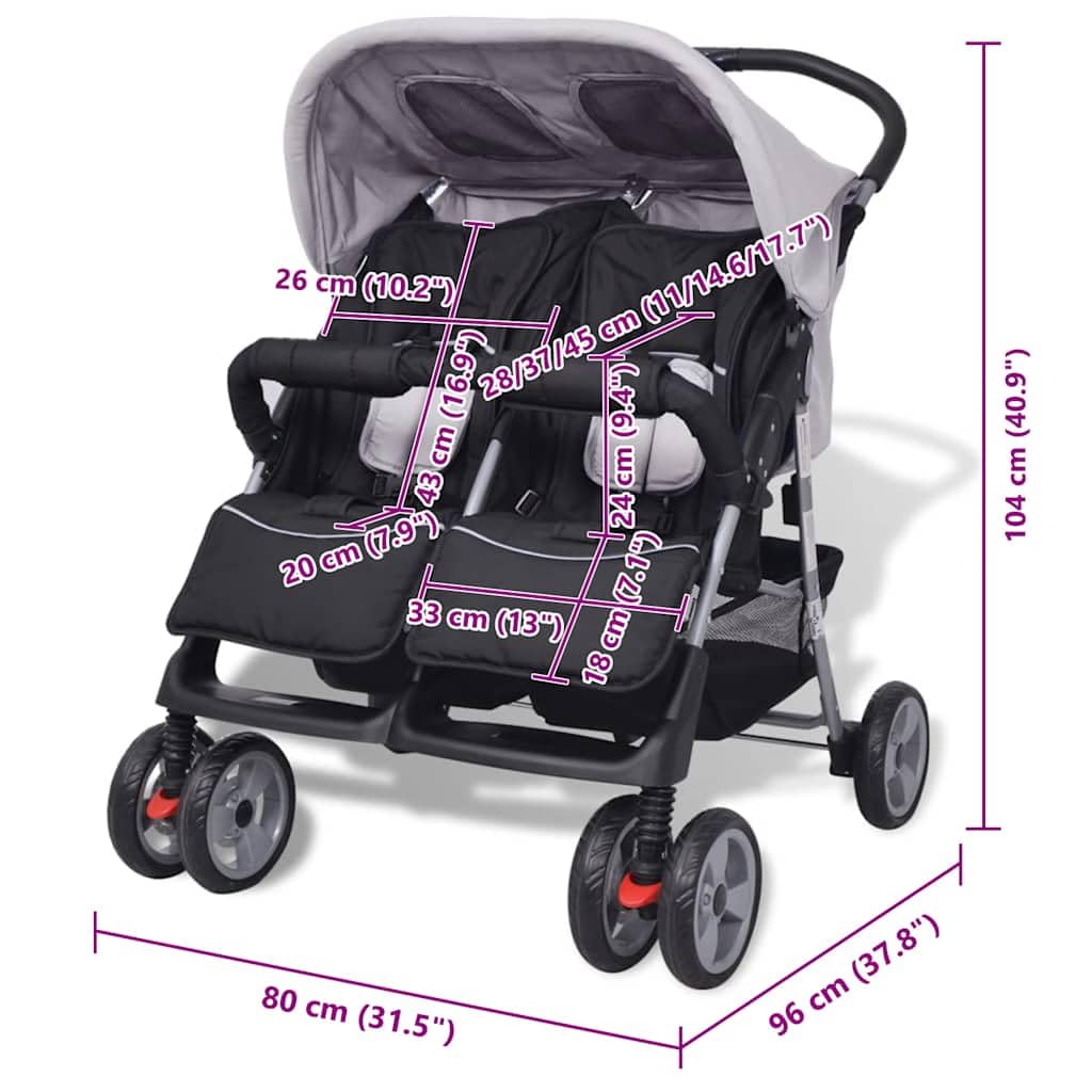 vidaXL Passeggino Gemellare Bambini Regolabile Acciaio Grigio Nero Carrozzina