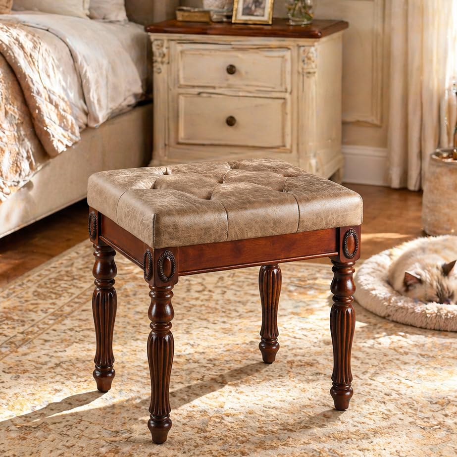 Vanity Bench Stool with Padded Cushion, Piano Bench with Solid Wood Carving Legs, Home Chairs Button Breathing Leather Upholstered Seat, 18.5” x 14.2” x 19.1” Easy Assembly, Yellowish Brown FD1533LT