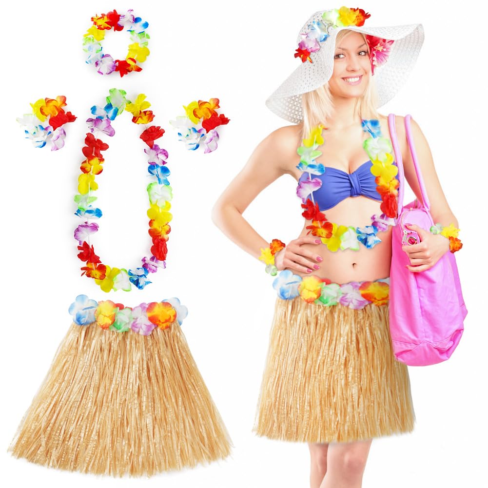 Aomig Hawaii Mottoparty Kostüme Set Rock, Hawaiian Gras Hula Rock Sets, 40cm Lange Hawaiianischer Grasrock mit Halskette Armbänder Haarblume Grasröcke für Cheerleading Strand Party Ostern(Strohfarbe)