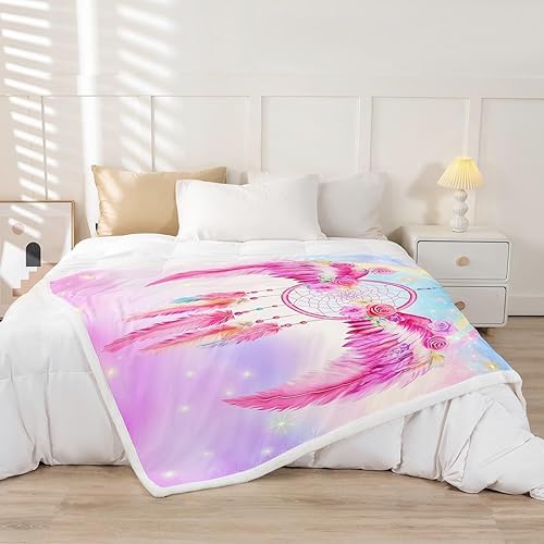 Miniatura 2 de Manfei Manta de atrapasueños, manta de cama con alas rosadas, flores y mariposas para niños, niñas, adultos, manta de cielo estrellado arcoíris para