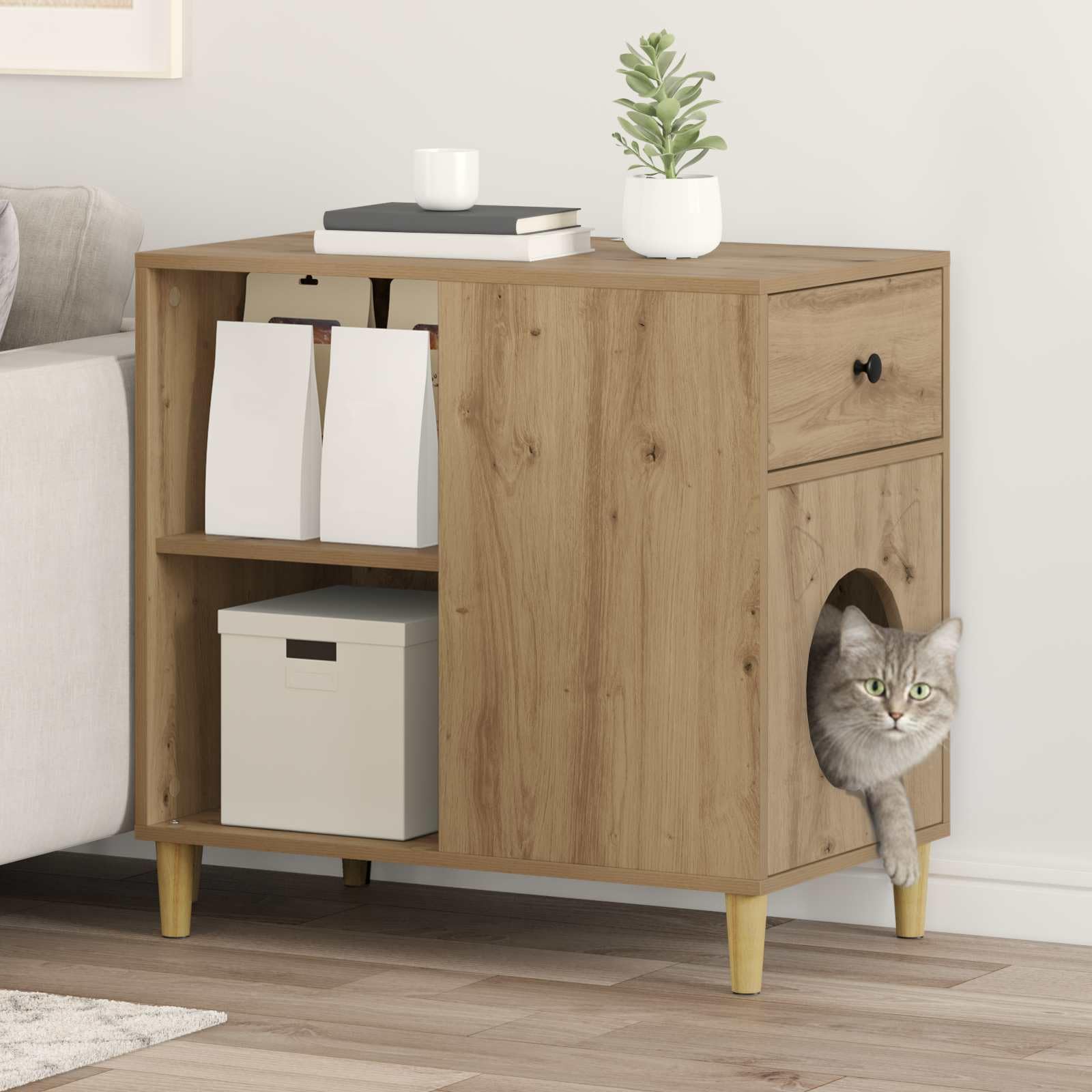 Moderna casa para gatos de madera de roble, 72 x 42,5 x 70 cm, con accesorios de montaje, elegante refugio y rascador de repuesto para salón, robusta casa de dormir para gatos