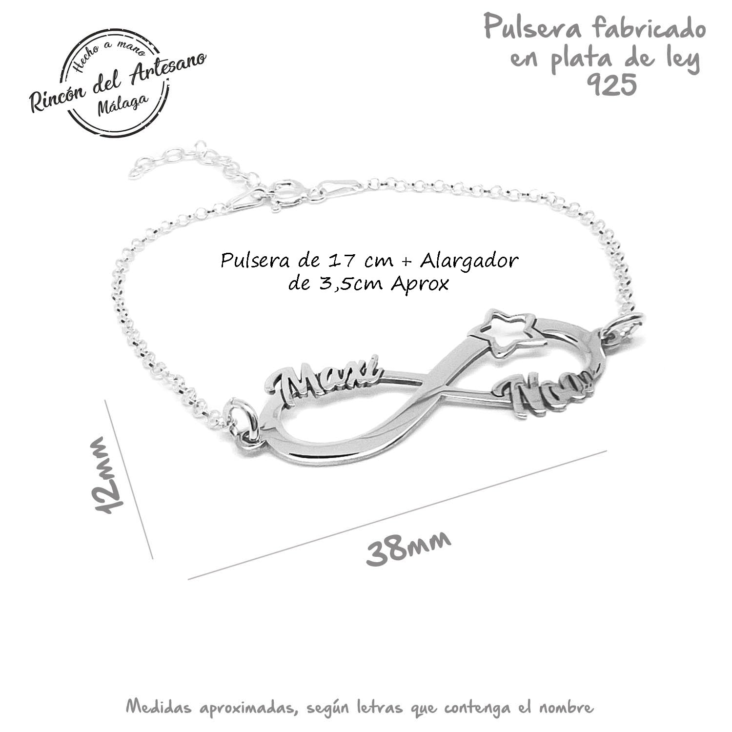 Pulsera Infinito Personalizada para Mujer con 3 Nombres – Plata de Ley 925/1000 – Medidas: 38x12mm - Hecha a Mano en Málaga – Regalo Día de la Madre y Navidad Modelo Estrella