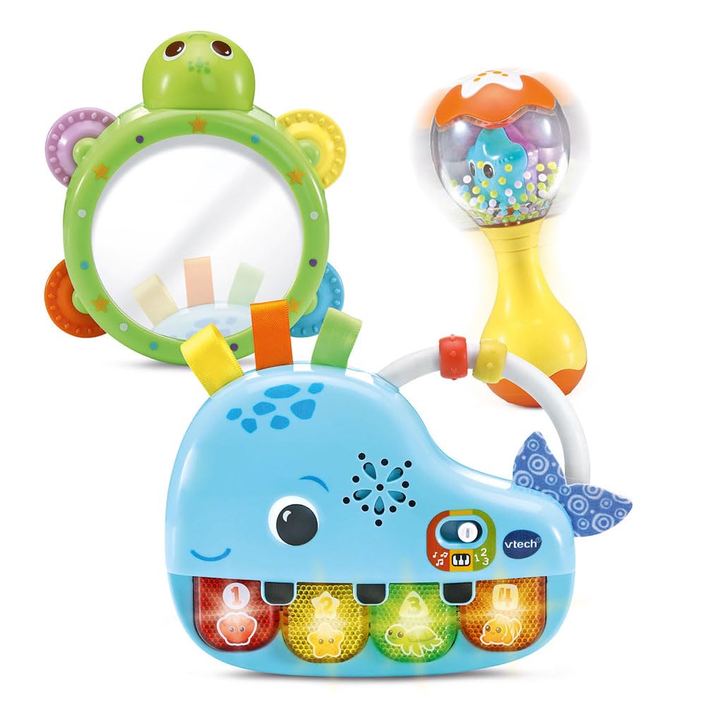 VTech – Estuche de música de Mis primeros instrumentos, primeros juguetes para bebés, piano luminoso e interactivo, pandereta espejo y sonajero Maracas, regalo de nacimiento – Contenido en francés