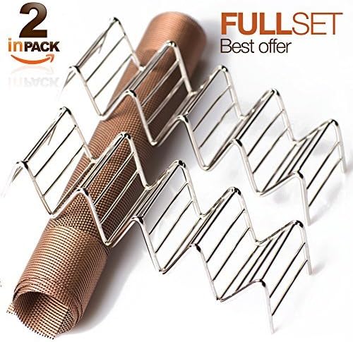Metal Taco Holder Stand 2 PACK - BONUS NON-SLIP MAT - Premium Stainless Steel 5 Pockets Taco Rack - Oven - Grill - Dishwasher for all types Soft/Hard Taco Holders - BONUS Recipe e-Book