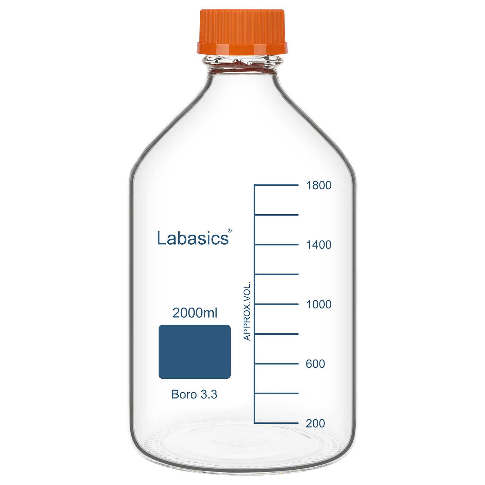 Labasics Orange Borosilicate Glass Media Storage Bottle With Gl45 Cap, For Laboratory Storage, 1 Pack, 2000 Ml