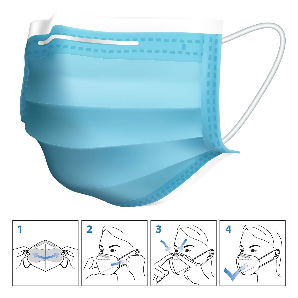 ECD Germany 50 Pièces Masque Facial Jetable avec 3 Couches -Masque de Protection Bleu pour Adultes - avec Boucles d'oreilles et Pince-Nez - Masque de Protection Buccale et Nasale Jetable